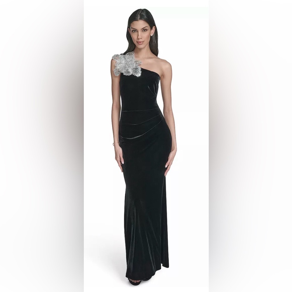 Eliza J Black Velvet One-Shoulder Maxi Dress